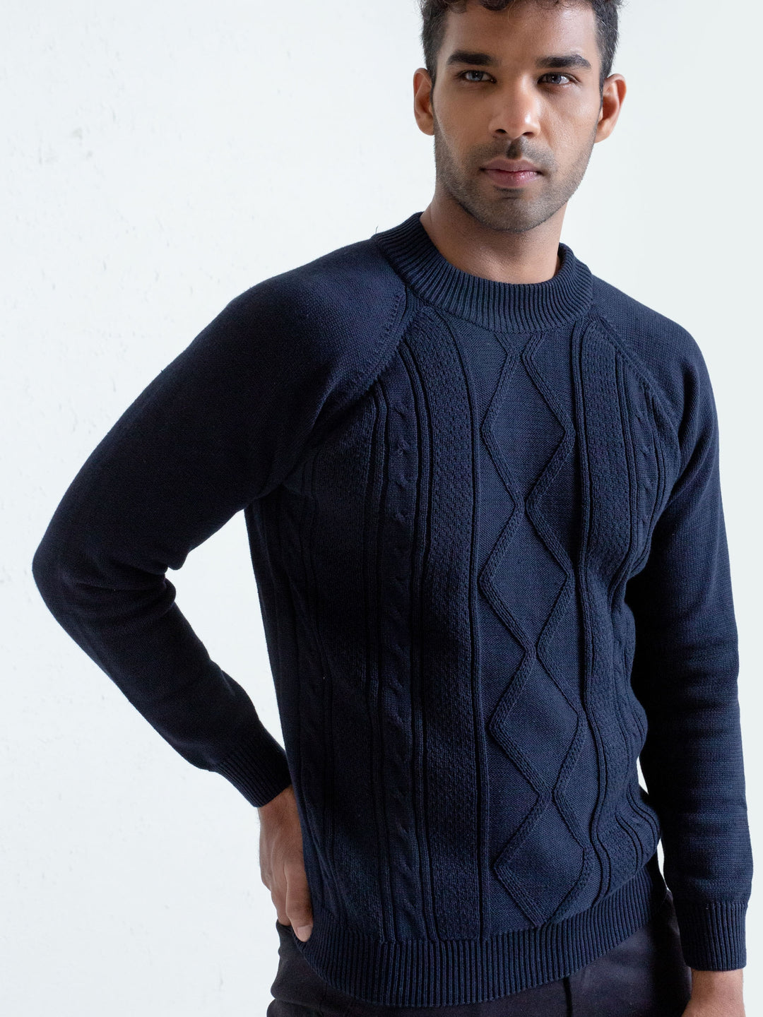 Navy Blue Cable Knitted Mock Neck Sweater Brumano Pakistan