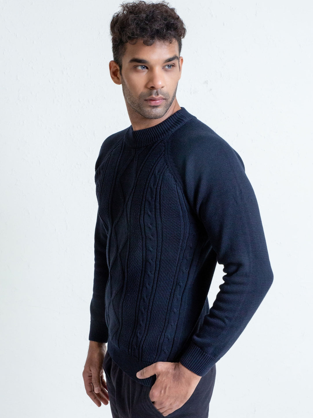 Navy Blue Cable Knitted Mock Neck Sweater Brumano Pakistan