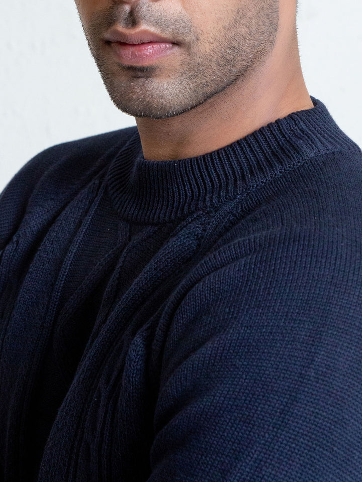 Navy Blue Cable Knitted Mock Neck Sweater Brumano Pakistan