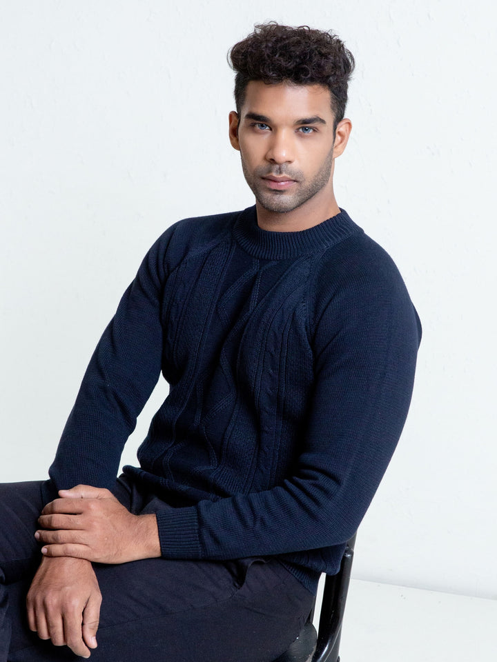 Navy Blue Cable Knitted Mock Neck Sweater Brumano Pakistan
