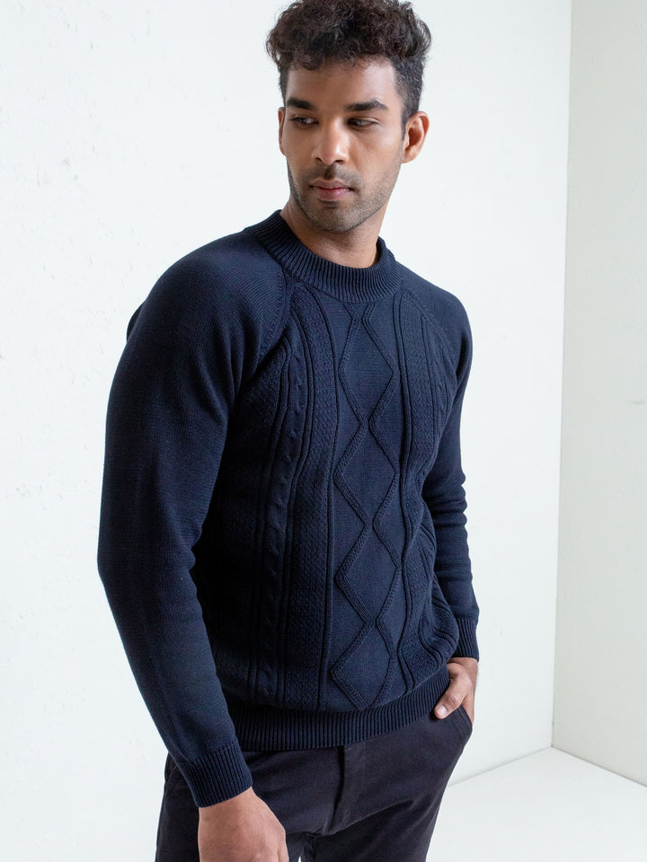 Navy Blue Cable Knitted Mock Neck Sweater Brumano Pakistan