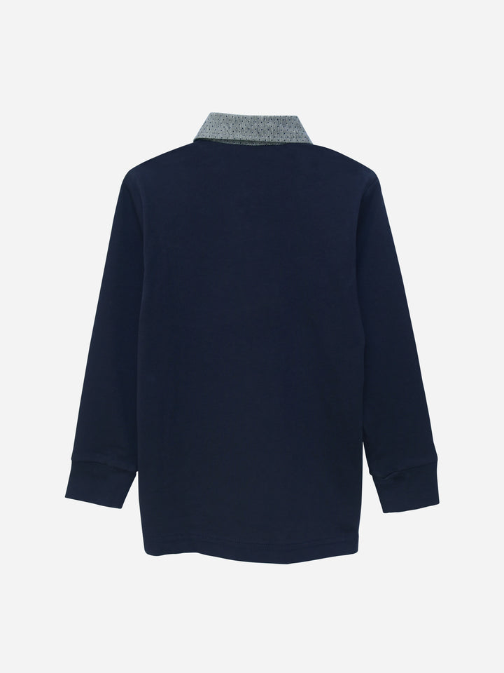 Navy Blue Casual Full Sleeve Polo Shirt With Contrasting Collar
