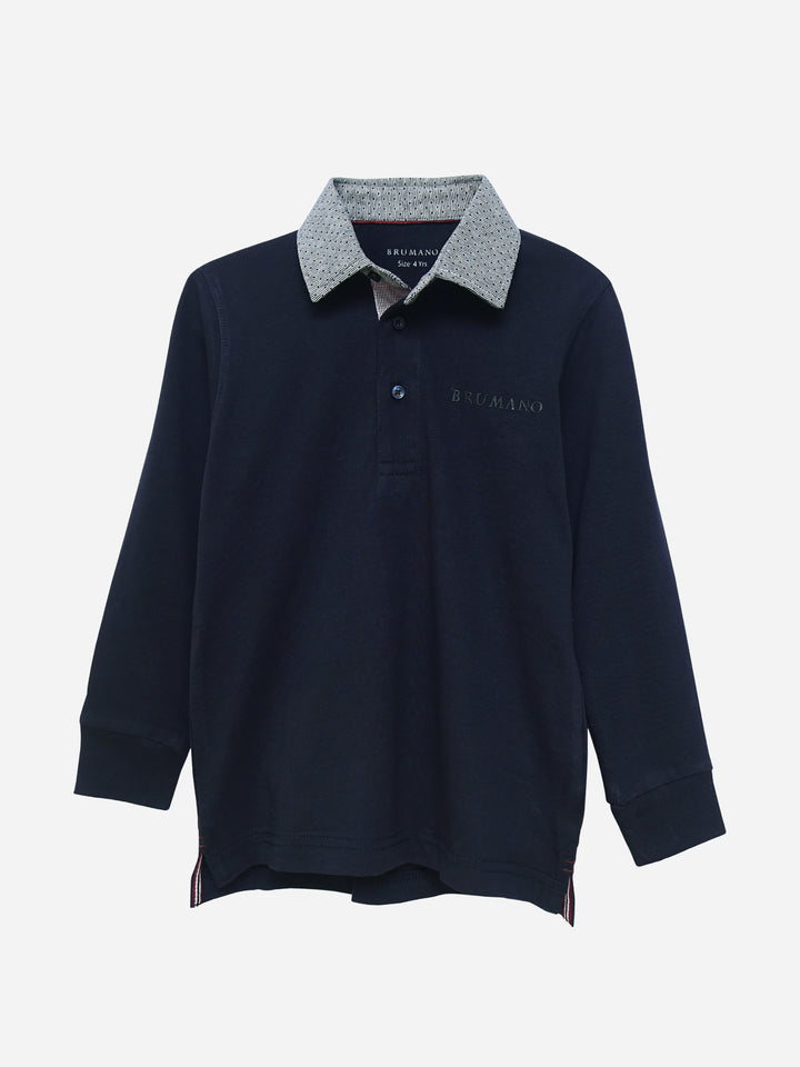 Navy Blue Casual Full Sleeve Polo Shirt With Contrasting Collar