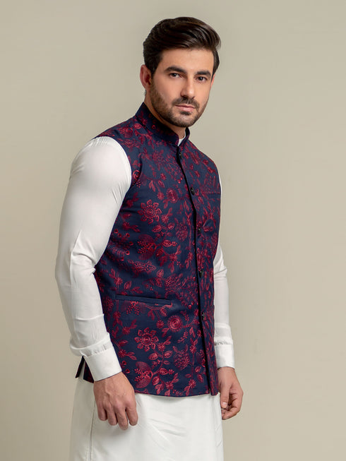 Navy Blue Embroidered Sartoria Waistcoat Brumano Pakistan