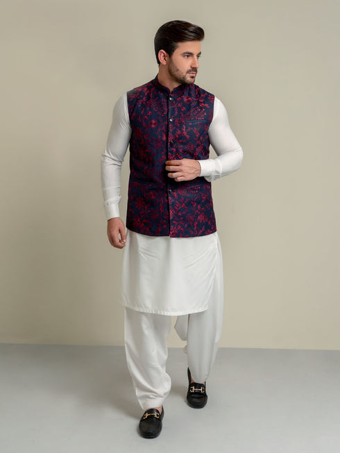 Navy Blue Embroidered Sartoria Waistcoat Brumano Pakistan