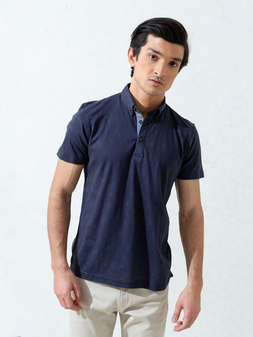 Navy Blue Jacquard Polo Shirt With Detailing