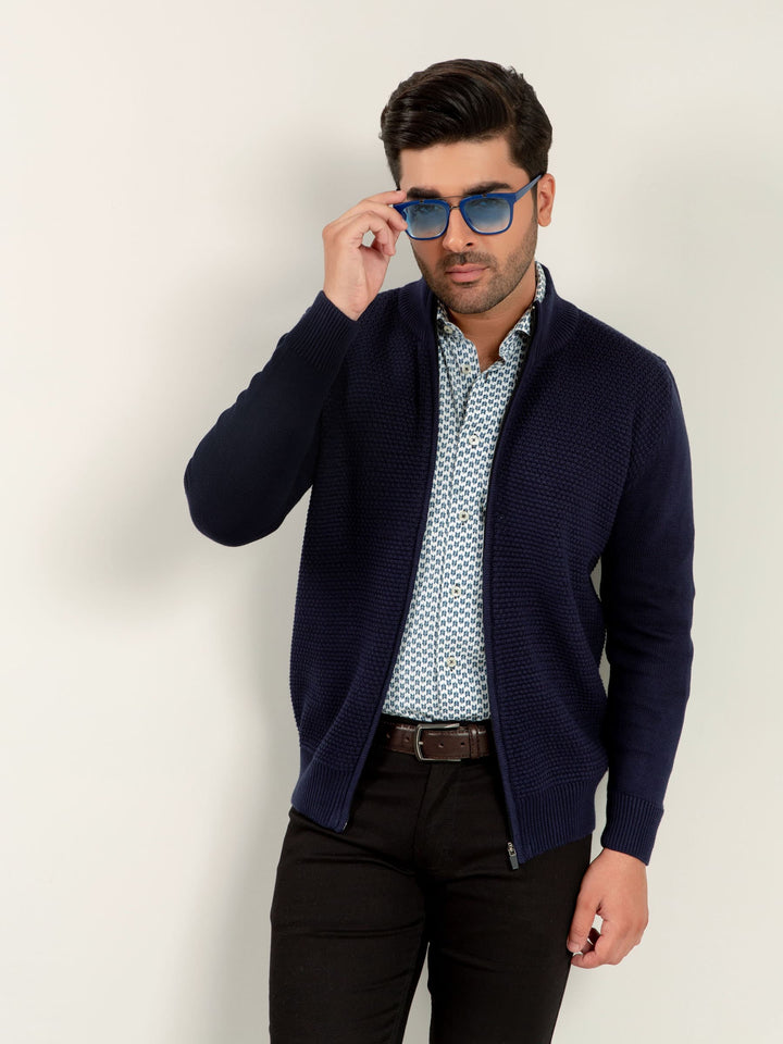 Navy Blue Knitted Textured Zipper Brumano Pakistan
