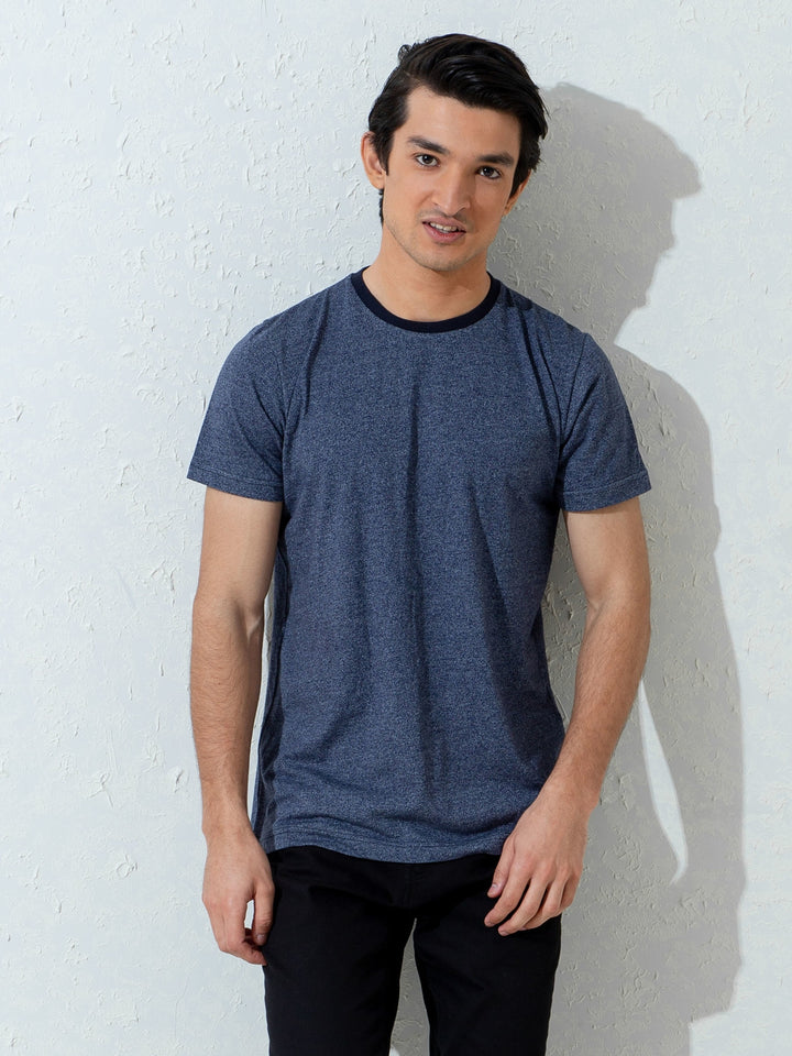 Navy Blue Marl Crew Neck T-Shirt With Contrasting Rib Brumano Pakistan