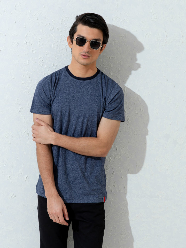 Navy Blue Marl Crew Neck T-Shirt With Contrasting Rib Brumano Pakistan