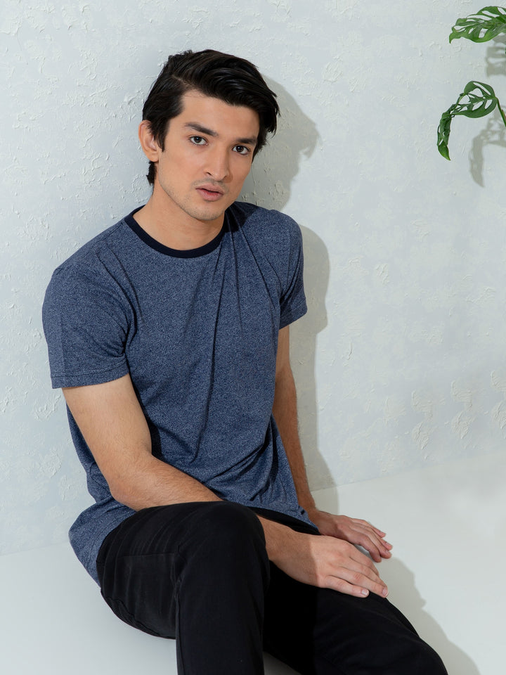 Navy Blue Marl Crew Neck T-Shirt With Contrasting Rib Brumano Pakistan