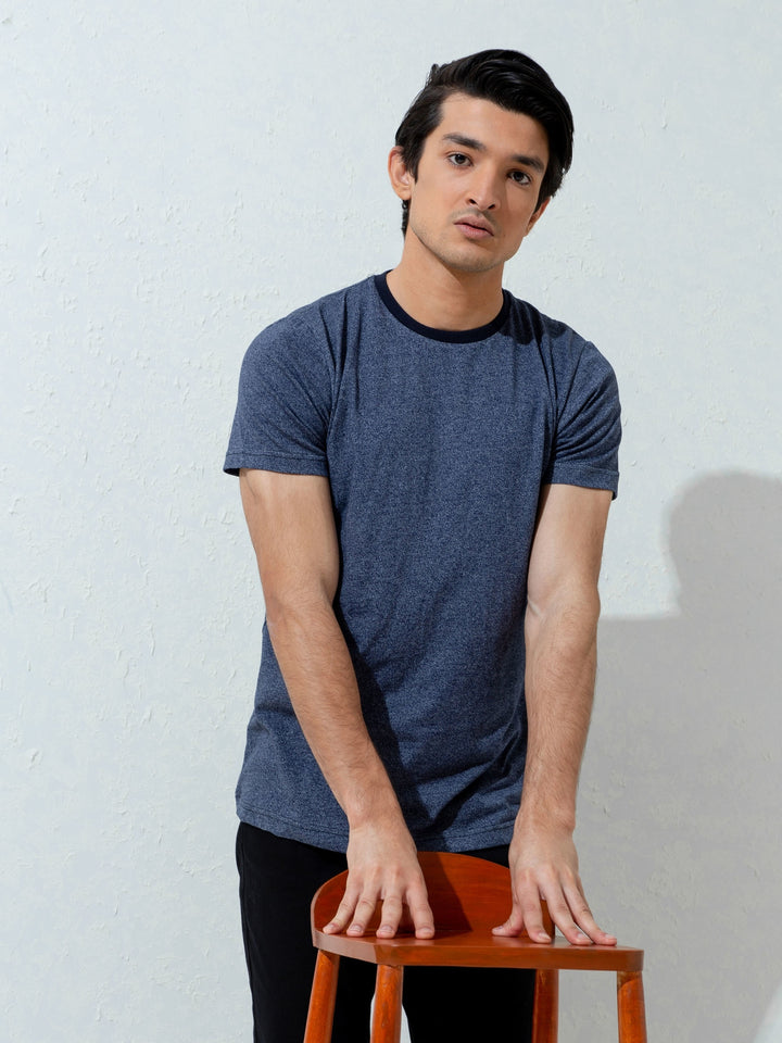 Navy Blue Marl Crew Neck T-Shirt With Contrasting Rib Brumano Pakistan