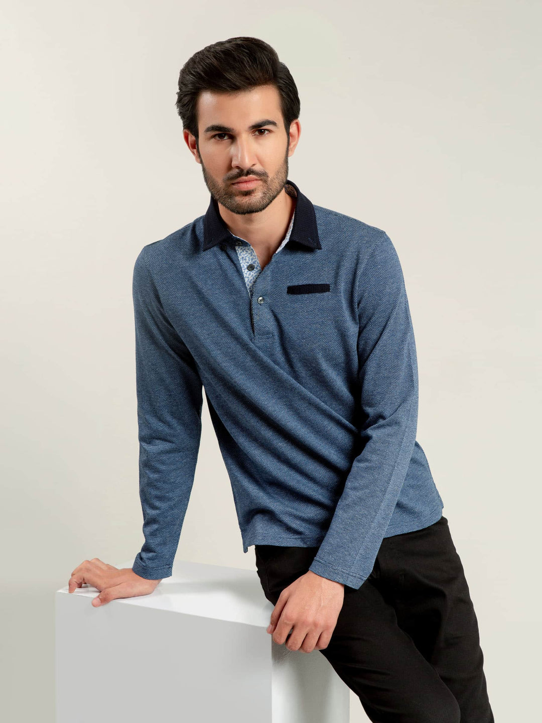 Navy Blue Mercerized Full Sleeves Polo Shirt Brumano Pakistan
