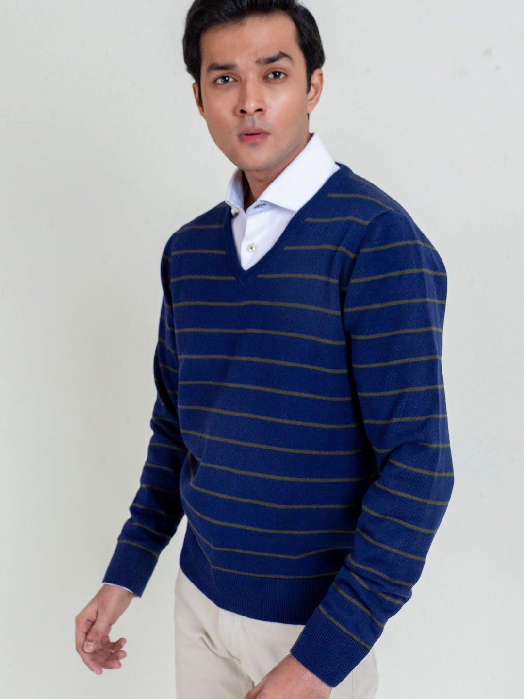 Navy Blue & Olive Striped V-Neck Sweater Brumano Pakistan