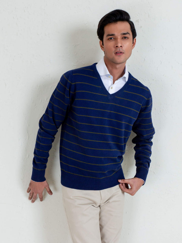 Navy Blue & Olive Striped V-Neck Sweater Brumano Pakistan