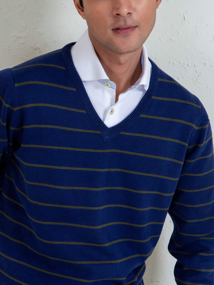 Navy Blue & Olive Striped V-Neck Sweater Brumano Pakistan