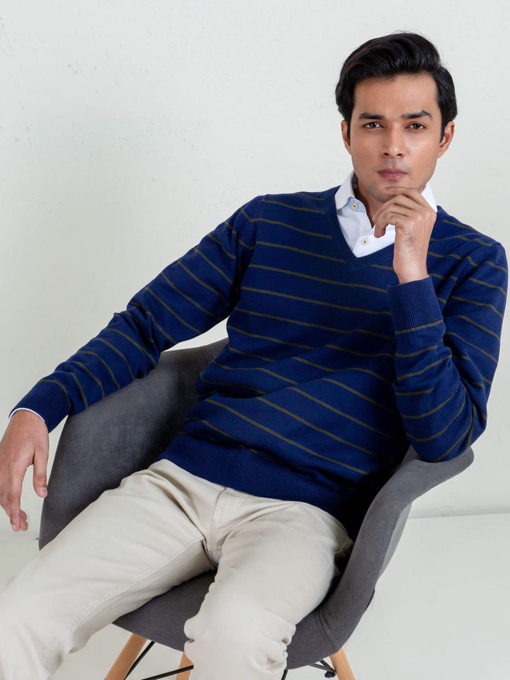 Navy Blue & Olive Striped V-Neck Sweater Brumano Pakistan