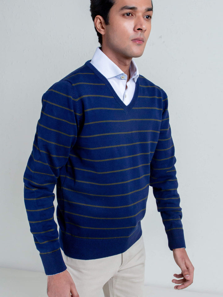 Navy Blue & Olive Striped V-Neck Sweater Brumano Pakistan