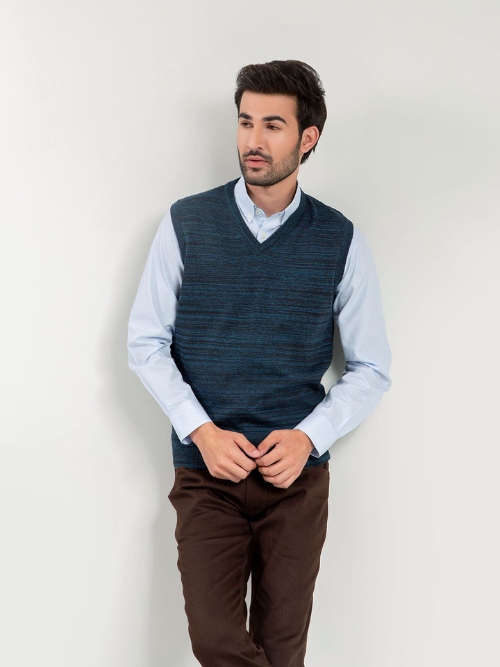 Navy Blue Patterned Sleeveless V-Neck Sweater Brumano Pakistan