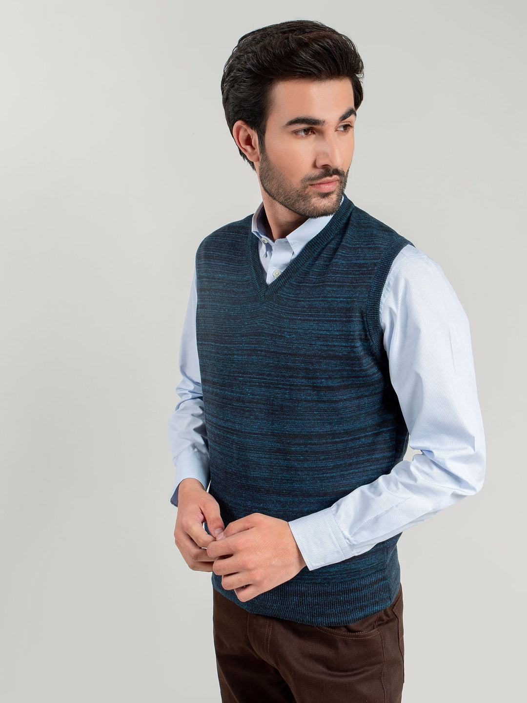 Navy Blue Patterned Sleeveless V-Neck Sweater Brumano Pakistan