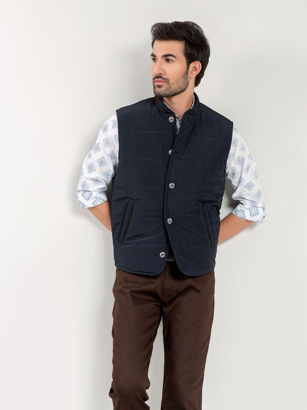 Navy Blue Quilted Sleeveless Vest With Leather Detailing Brumano Pakistan