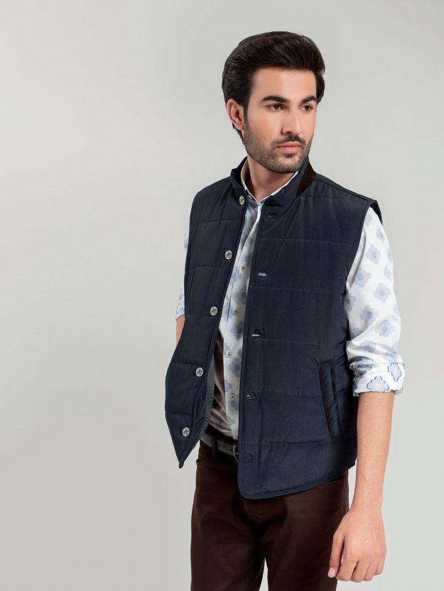 Navy Blue Quilted Sleeveless Vest With Leather Detailing Brumano Pakistan