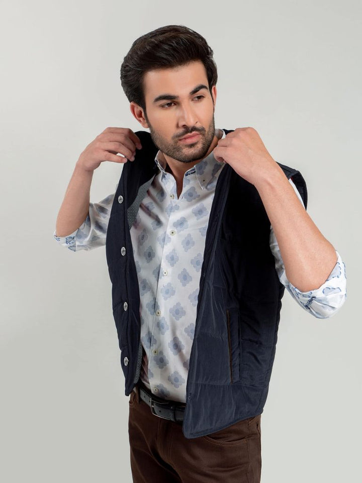 Navy Blue Quilted Sleeveless Vest With Leather Detailing Brumano Pakistan