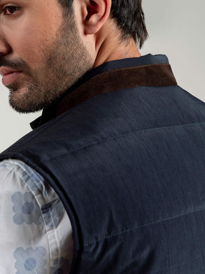Navy Blue Quilted Sleeveless Vest With Leather Detailing Brumano Pakistan