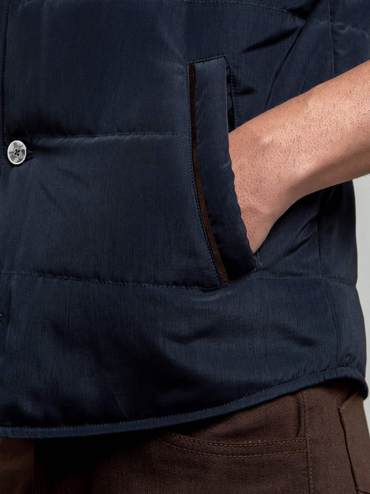 Navy Blue Quilted Sleeveless Vest With Leather Detailing Brumano Pakistan