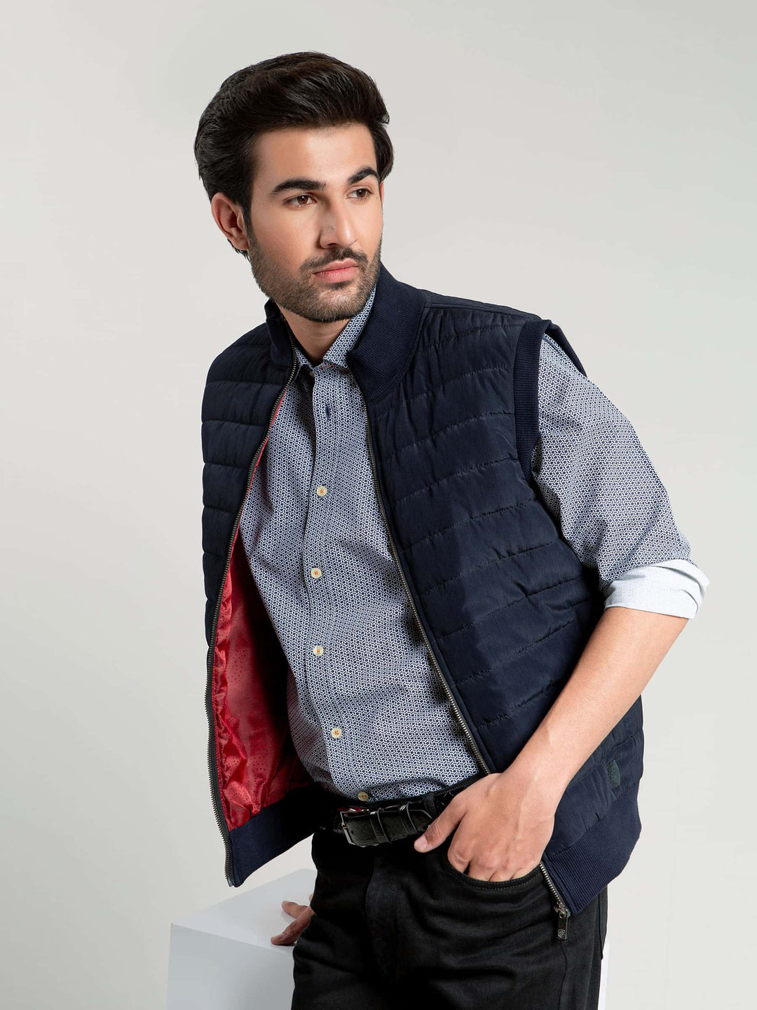 Navy Blue Ribbed Sleeveless Jacket Brumano Pakistan