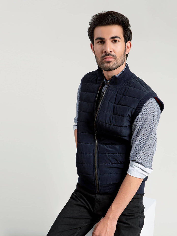 Navy Blue Ribbed Sleeveless Jacket Brumano Pakistan