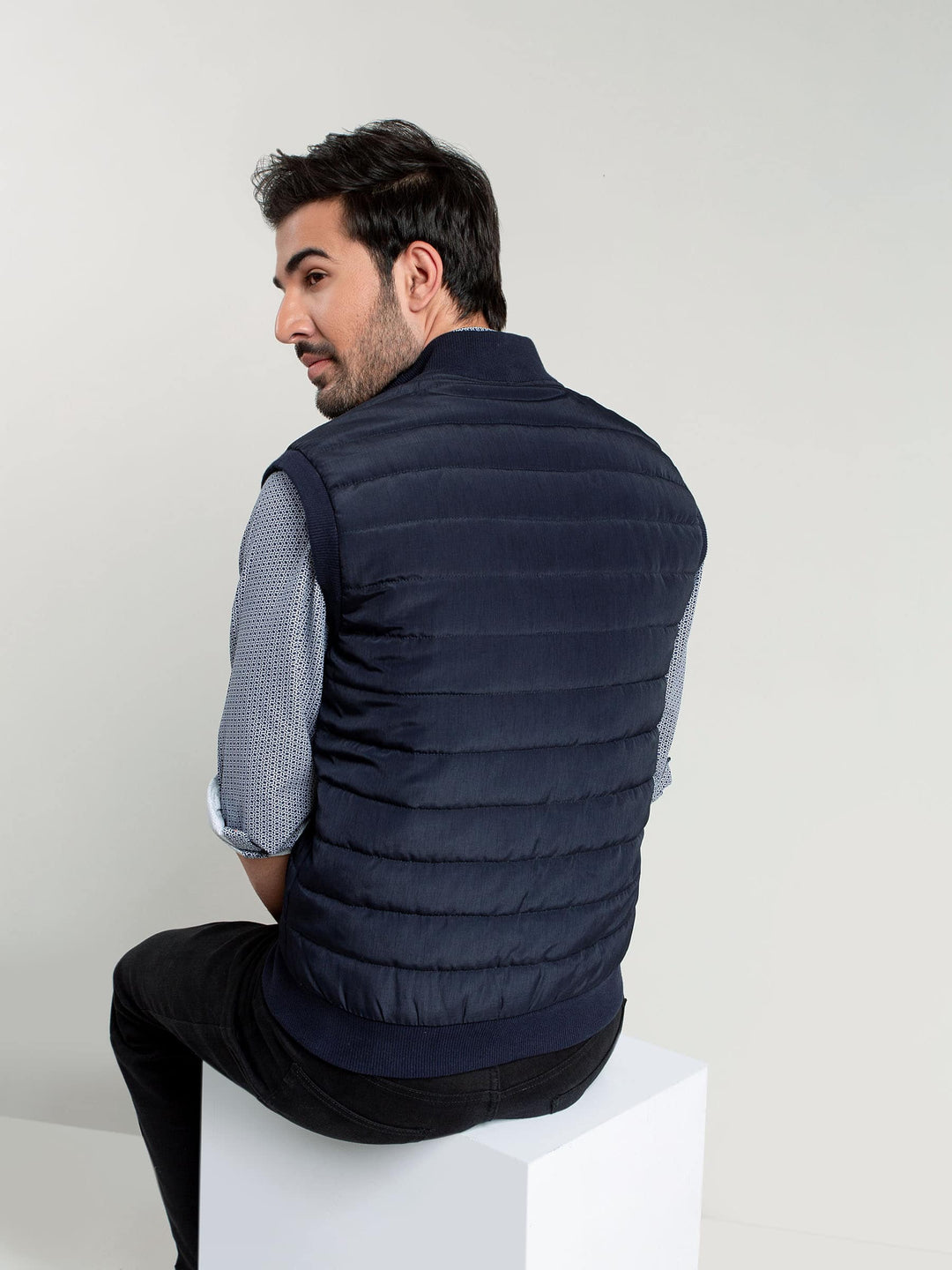 Navy Blue Ribbed Sleeveless Jacket Brumano Pakistan