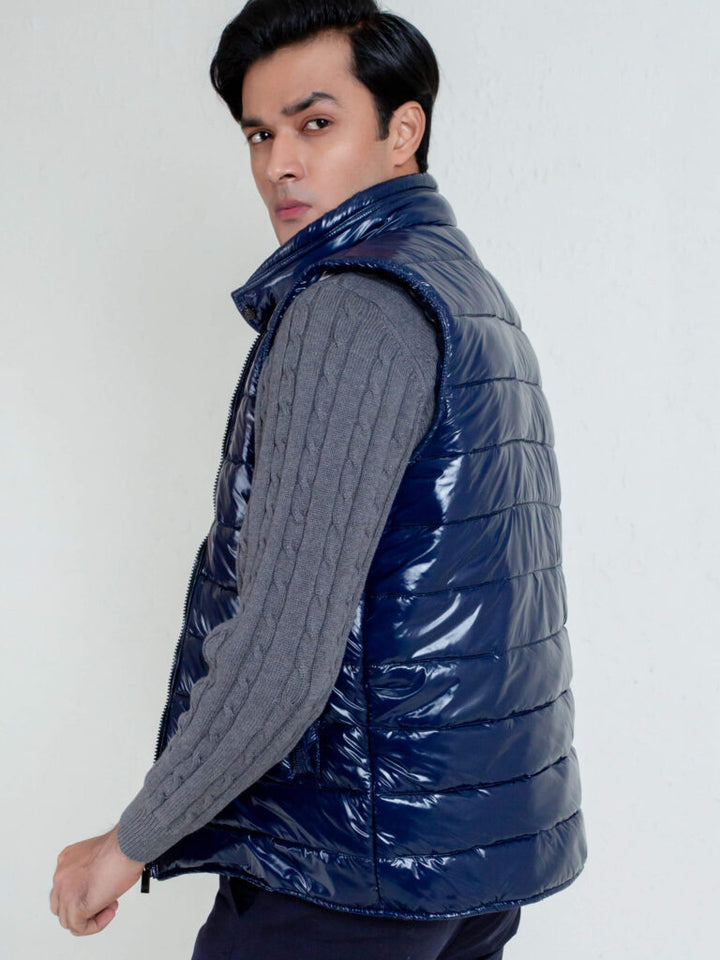 Navy Blue Shiny Puffer Sleeveless Vest Brumano Pakistan