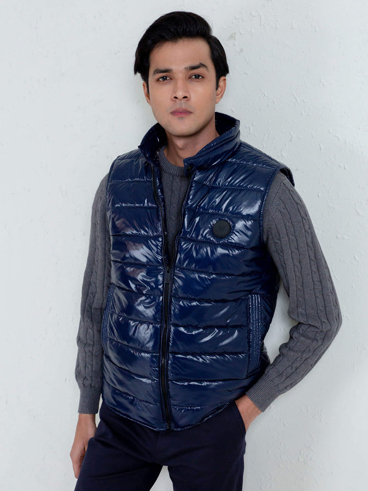 Navy Blue Shiny Puffer Sleeveless Vest Brumano Pakistan