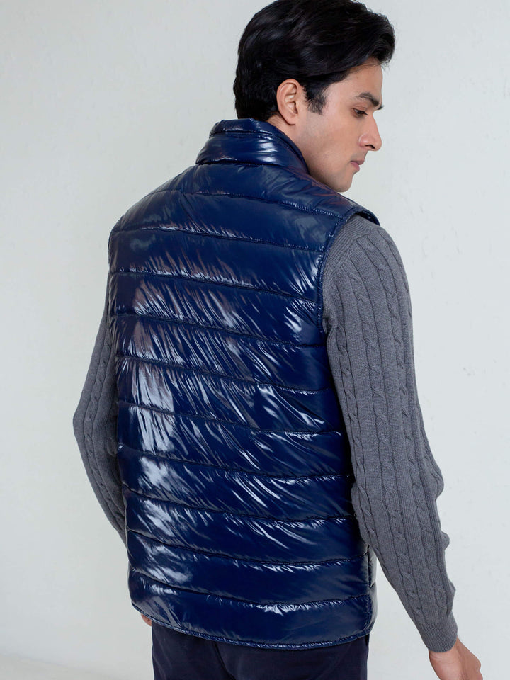 Navy Blue Shiny Puffer Sleeveless Vest Brumano Pakistan