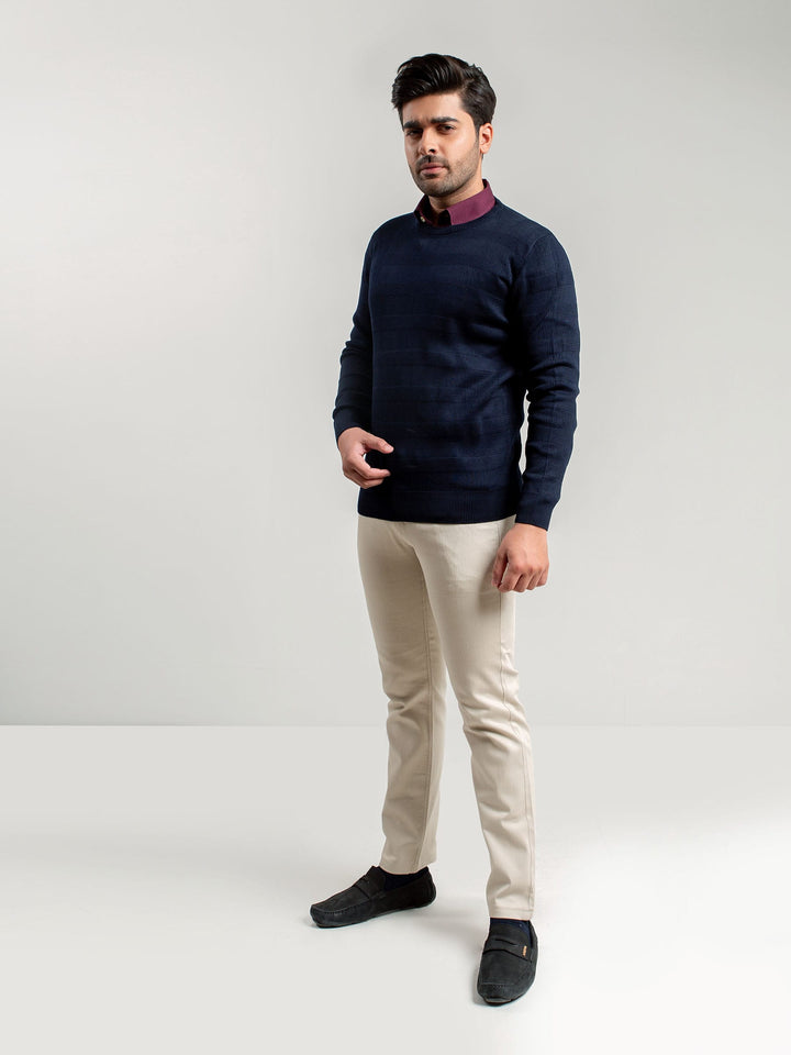 Navy Blue Textured Crew Neck Sweater Brumano Pakistan