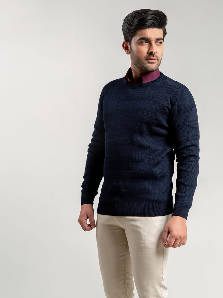 Navy Blue Textured Crew Neck Sweater Brumano Pakistan