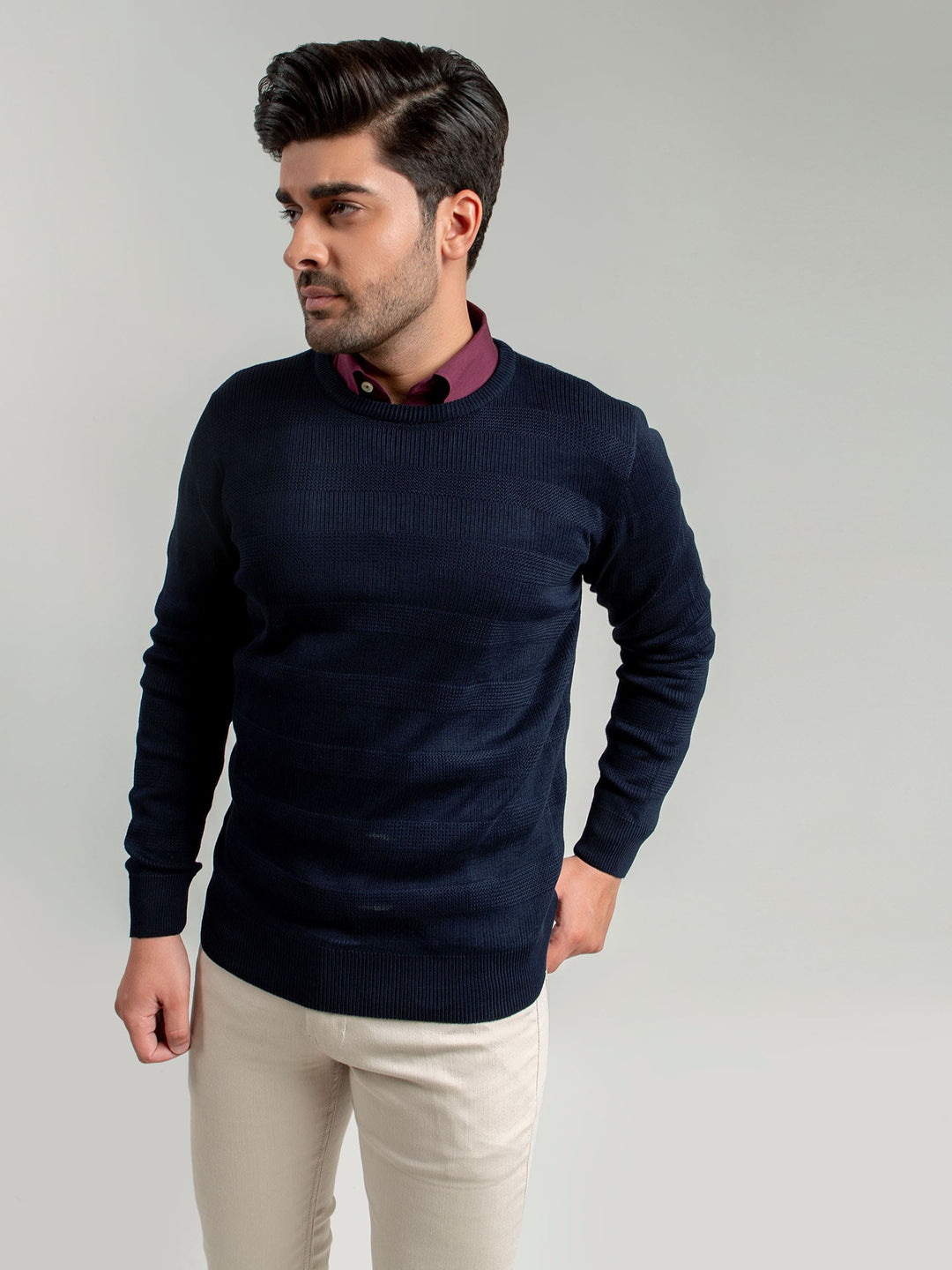 Navy Blue Textured Crew Neck Sweater Brumano Pakistan