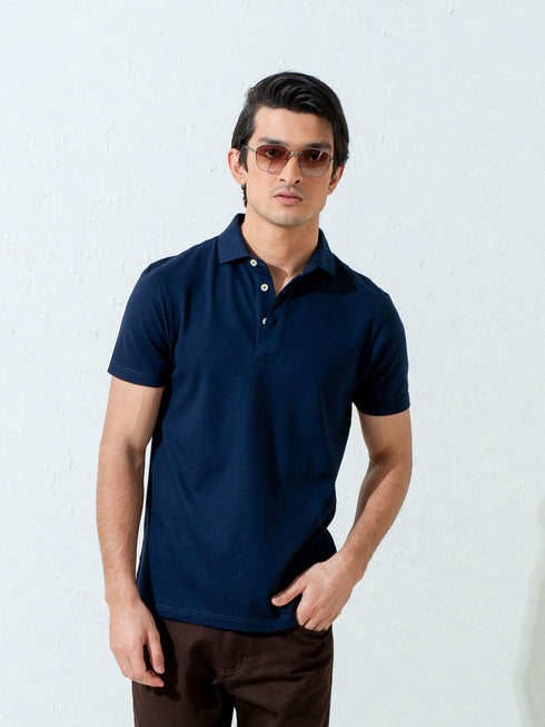 Navy Blue Textured Polo With Classic Collar Brumano Pakistan