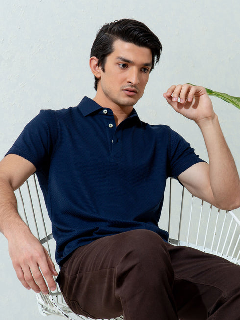 Navy Blue Textured Polo With Classic Collar Brumano Pakistan