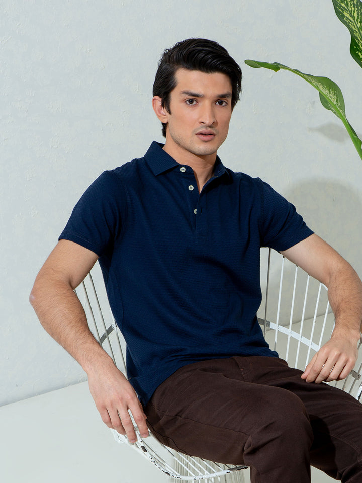 Navy Blue Textured Polo With Classic Collar Brumano Pakistan