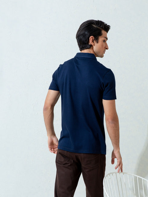 Navy Blue Textured Polo With Classic Collar Brumano Pakistan