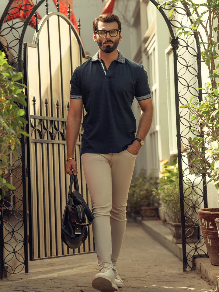 Navy Blue Textured Polo With Jacquard Collar Brumano Pakistan