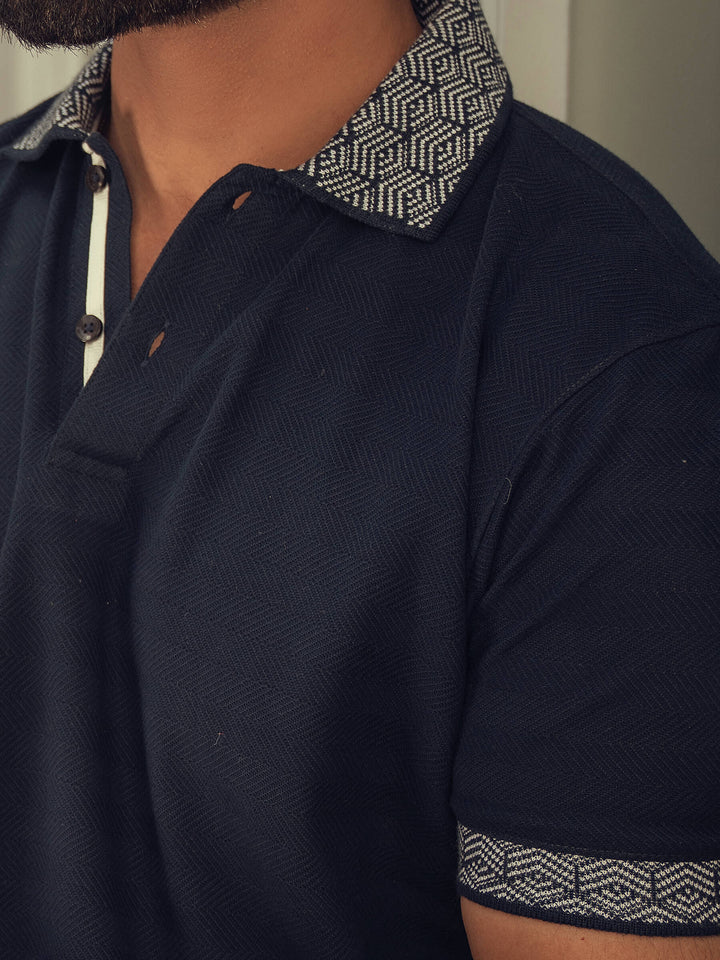 Navy Blue Textured Polo With Jacquard Collar Brumano Pakistan