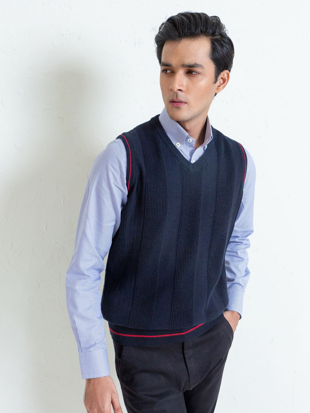 Navy Blue Textured Sleeveless Sweater Brumano Pakistan