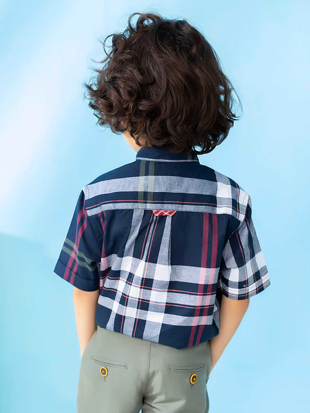 Navy Checkered Mao Collar Casual Short Sleeve Shirt Brumano Pakistan
