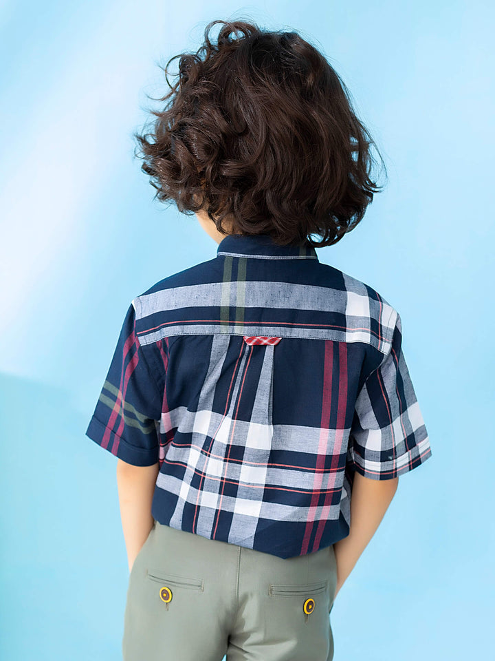 Navy Checkered Mao Collar Casual Short Sleeve Shirt Brumano Pakistan