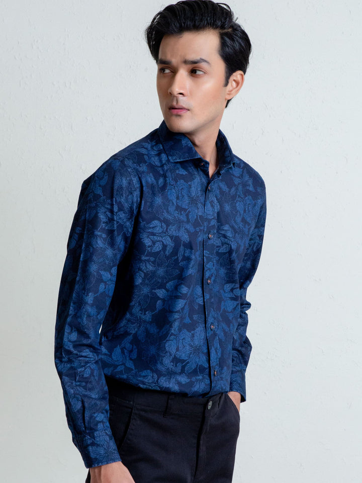 Navy Indigo Dyed Floral Printed Shirt Brumano Pakistan