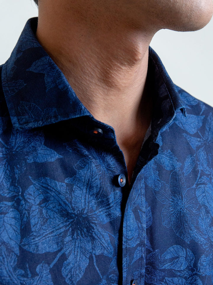 Navy Indigo Dyed Floral Printed Shirt Brumano Pakistan