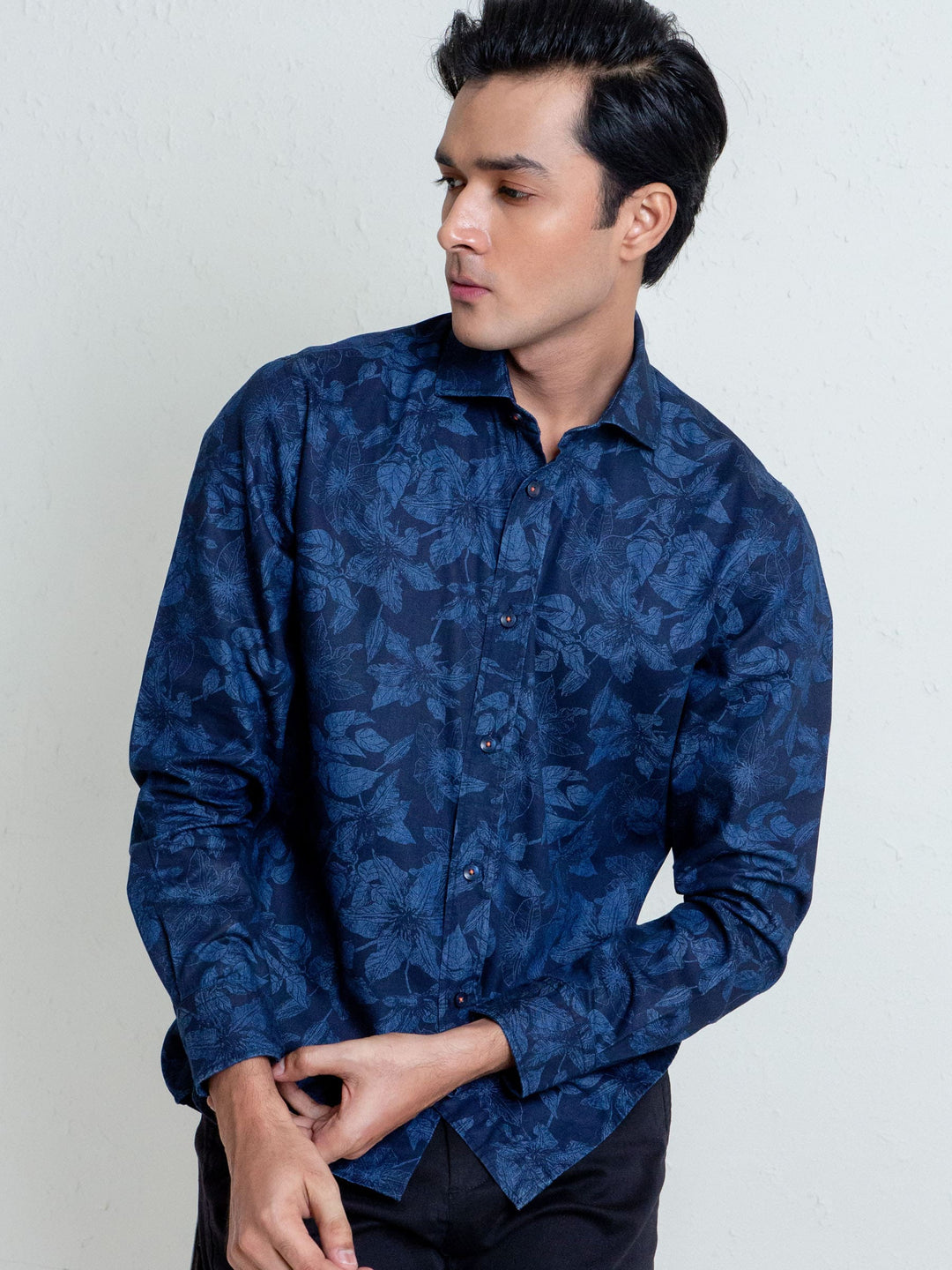 Navy Indigo Dyed Floral Printed Shirt Brumano Pakistan