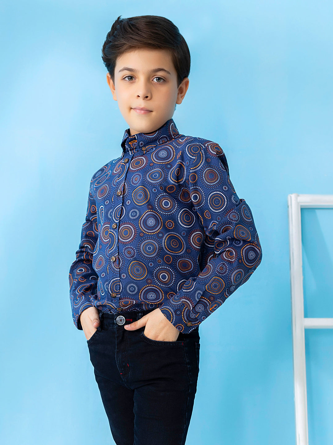 Navy & Orange Circle Printed Casual Shirt Brumano Pakistan